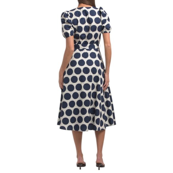 LUNA ALLEGRA Navy/Ecru Puff Sleeve Belted Dot Print Midi Dress - Picture 2 of 3